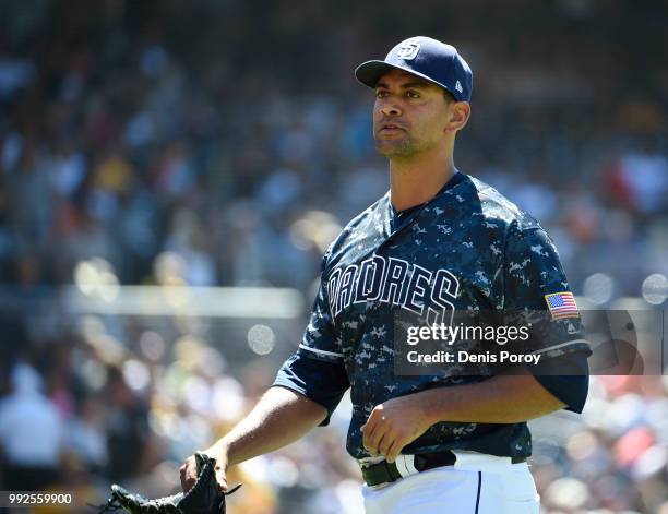 Tyson Ross of the San Diego Padres plays during a baseball game against the Pittsburgh Pirates at PETCO Park on July 1, 2018 in San Diego, California.