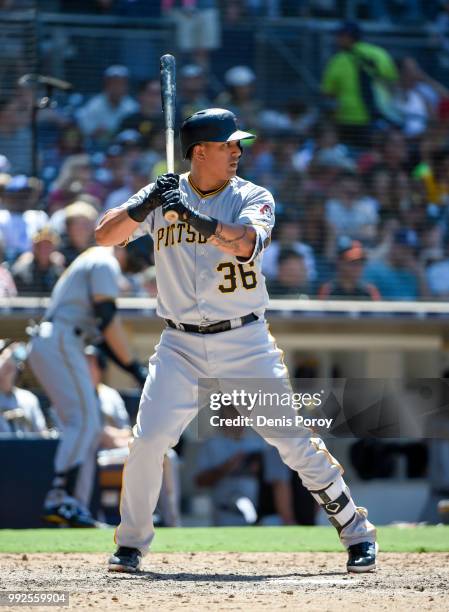 Jose Osuna of the Pittsburgh Pirates plays during a baseball game against the San Diego Padres at PETCO Park on July 1, 2018 in San Diego, California.