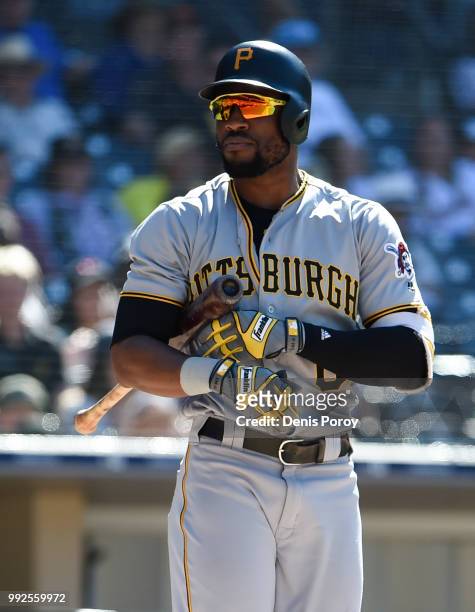 Starling Marte of the Pittsburgh Pirates plays during a baseball game against the San Diego Padres at PETCO Park on July 1, 2018 in San Diego,...