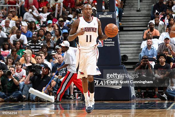 Jamal Crawford of the Atlanta Hawks drives the ball up court in Game Three of the Eastern Conference Semifinals against the Orlando Magic during the...