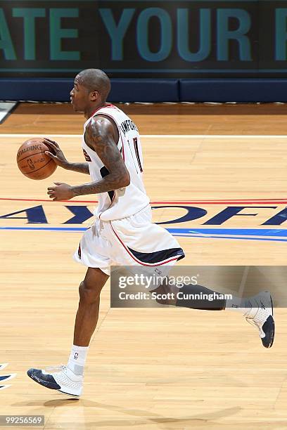 Jamal Crawford of the Atlanta Hawks drives the ball up court against the Orlando Magic in Game Three of the Eastern Conference Semifinals during the...