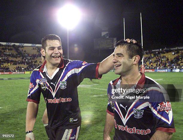 Richard Villasanti of the Warriors pats co-captain Stacey Jones on the head after beating the Roosters in the Round 24 NRL match between the New...