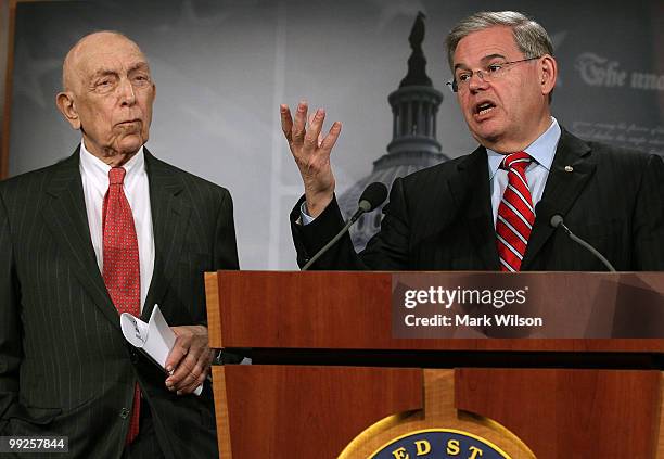 Sen. Robert Menendez and Sen. Frank Lautenberg , participate in a news conference on raising oil companies liability cap, on May 13, 2010 in...