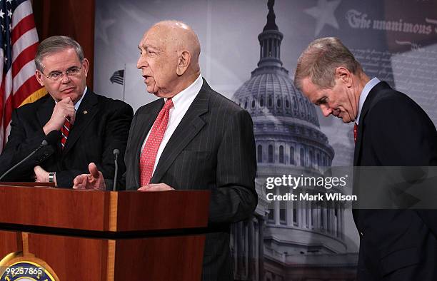 Sen. Robert Menendez , Sen. Frank Lautenberg and Sen. Bill Nelson participate in a news conference on raising oil companies liability cap, on May 13,...