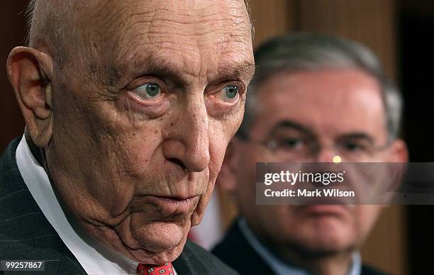 Sen. Frank Lautenberg and Sen. Robert Menendez participate in a news conference on raising oil companies liability cap, on May 13, 2010 in...