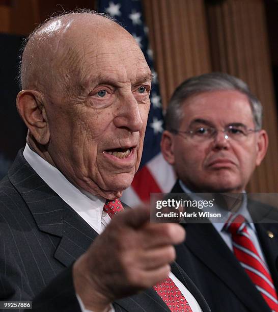 Sen. Frank Lautenberg and Sen. Robert Menendez participate in a news conference on raising oil companies liability cap, on May 13, 2010 in...