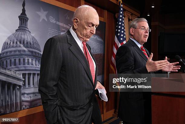 Sen. Robert Menendez and Sen. Frank Lautenberg , participate in a news conference on raising oil companies liability cap, on May 13, 2010 in...