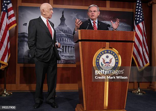 Sen. Robert Menendez and Sen. Frank Lautenberg , participate in a news conference on raising oil companies liability cap, on May 13, 2010 in...