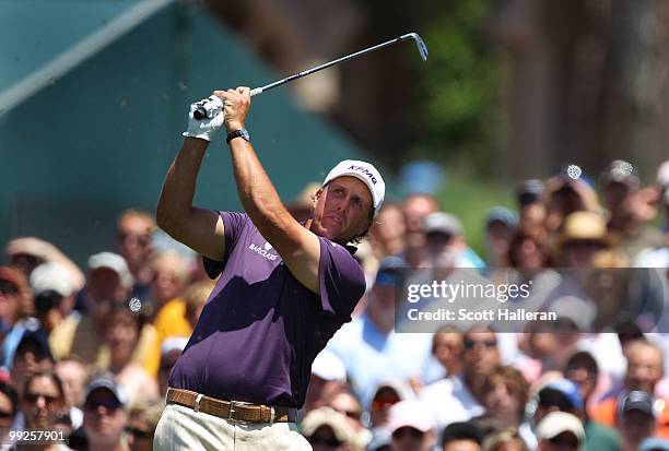 Phil Mickelson hits a shot during the final round of THE PLAYERS Championship held at THE PLAYERS Stadium course at TPC Sawgrass on May 9, 2010 in...