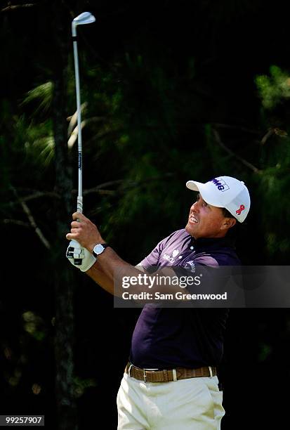 Phil Mickelson hits a shot during the final round of THE PLAYERS Championship held at THE PLAYERS Stadium course at TPC Sawgrass on May 9, 2010 in...