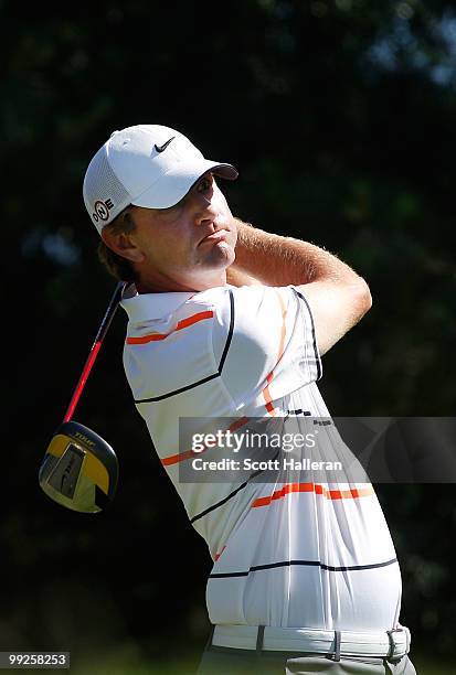 Lucas Glover plays a tee shot during the final round of THE PLAYERS Championship held at THE PLAYERS Stadium course at TPC Sawgrass on May 9, 2010 in...