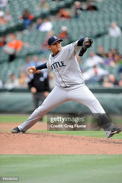 Felix Hernandez of the Seattle Mariners pitches against the Baltimore Orioles at Camden Yards on May 13, 2010 in Baltimore, Maryland.