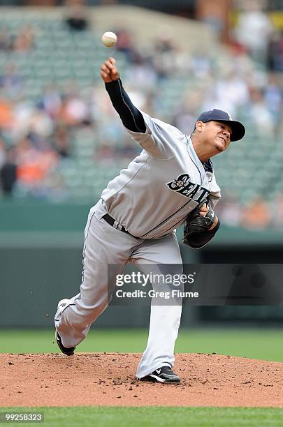 Felix Hernandez of the Seattle Mariners pitches against the Baltimore Orioles at Camden Yards on May 13, 2010 in Baltimore, Maryland.