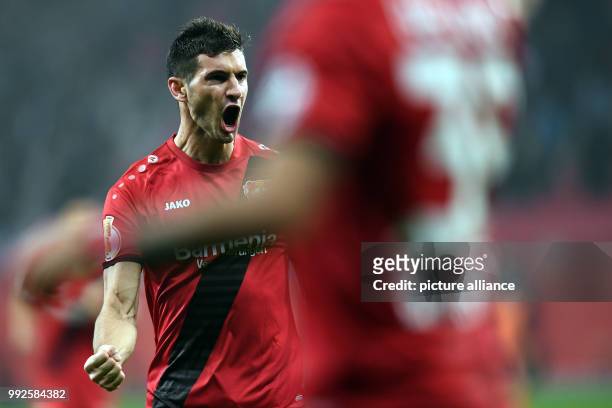 Dpatop - Leverkusen's Lucas Alario celebrates after scoring during the German DFB Pokal soccer cup match between Bayer Leverkusen and 1. FC Union...