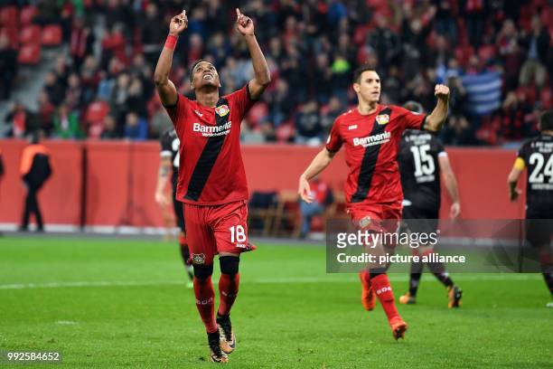 Leverkusen's Dominik Kohr and Wendell celebrating the 3:1 during the DFB Cup soccer match between Bayer Leverkusen and 1. FC Union Berlin at the...