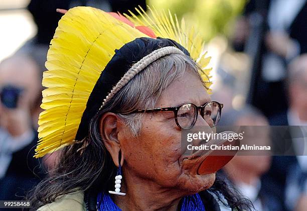 Tribal chief Raoni Metuktire attends the 'On Tour' Premiere at the Palais des Festivals during the 63rd Annual Cannes Film Festival on May 13, 2010...