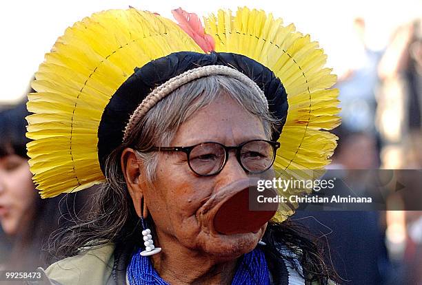 Tribal chief Raoni Metuktire attends the 'On Tour' Premiere at the Palais des Festivals during the 63rd Annual Cannes Film Festival on May 13, 2010...