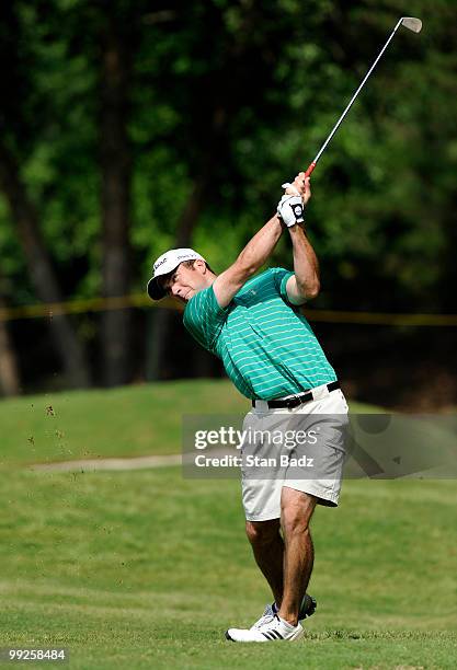 Actor Lucas Black hits from the first fairway during the first round of the BMW Charity Pro-Am at the Thornblade Club held on May 13, 2010 in Greer,...