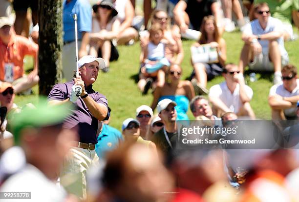 Phil Mickeson hits a shot during the final round of THE PLAYERS Championship held at THE PLAYERS Stadium course at TPC Sawgrass on May 9, 2010 in...