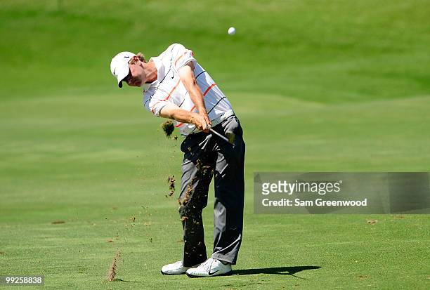 Lucas Glover plays a fairway shot during the final round of THE PLAYERS Championship held at THE PLAYERS Stadium course at TPC Sawgrass on May 9,...