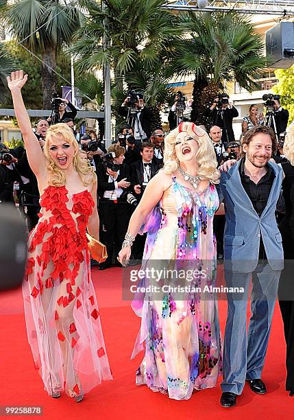 From left : actress Julie Atlas Muz, actress Dirty Martini and French director and actor Mathieu Amalric arrive for the screening of the film...