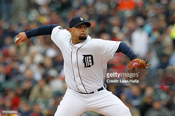 Joel Zumaya of the Detroit Tigers pitches in the eighth inning against the New York Yankees on May 13, 2010 at Comerica Park in Detroit, Michigan....
