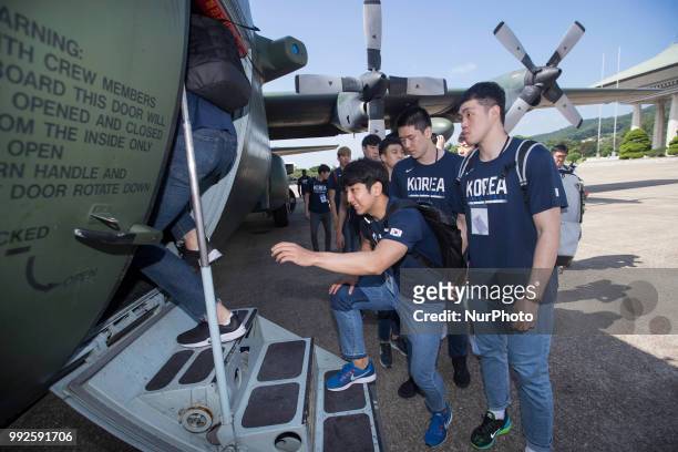 July 3, 2018 - Seoul, Southh Korea - South Korean Man's Basketball Players walks to board a plane to leave for Pyongyang, North Korea, to participate...