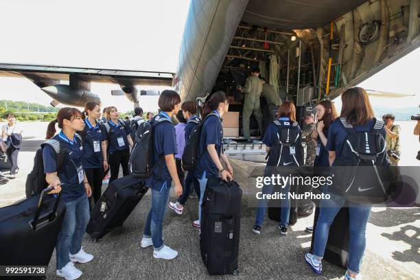 July 3, 2018 - Seoul, South Korea - South Korean Women Basketball Players walk to board a plane to leave for Pyeongyang, North Korea, to participate...