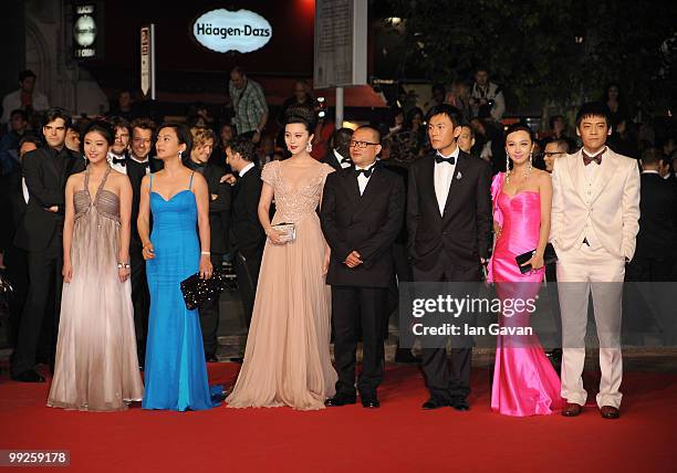 Actor Fan BingBing, Director Wang Xiaoshuai with actors Hao Qin, Li Feier, Hao Qin attend the 'Chongqing Blues' Premiere at the Palais des Festivals...