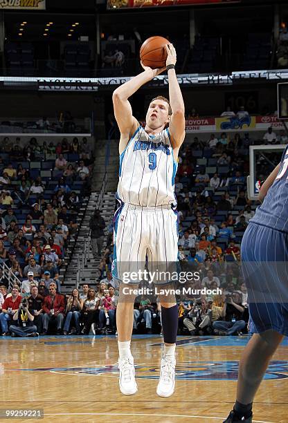 Darius Songaila of the New Orleans Hornets shoots a jump shot against the Charlotte Bobcats during the game at New Orleans Arena on April 7, 2010 in...