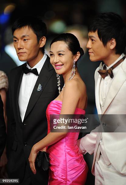 Qing Hao, Li Feier and Zi Yi attend the 'Chongqing Blues' Premiere at the Palais des Festivals during the 63rd Annual Cannes Film Festival on May 13,...