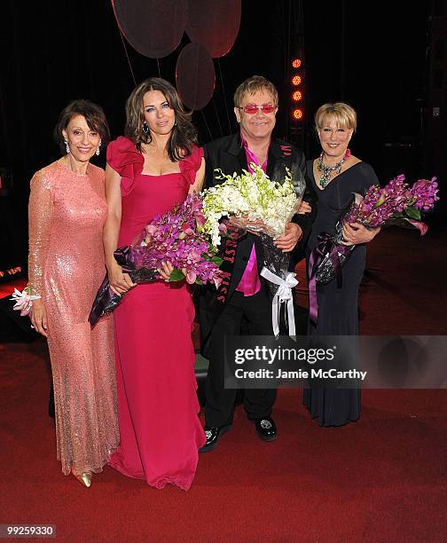 Evelyn Lauder, Elizabeth Hurley, Sir Elton John and Bette Midler attend the 2010 Breast Cancer Research Foundation's Hot Pink Party at The...