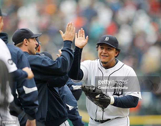 Miguel Cabrera of the Detroit Tigers celebrates a 6-0 win over the New York Yankees on May 13, 2010 at Comerica Park in Detroit, Michigan.