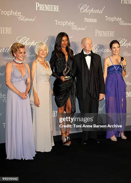 Vice President of Chopard Caroline Gruosi-Scheufele, Dame Helen Mirren, Cannes Film Festival President Gilles Jacob and guest attend The Chopard...