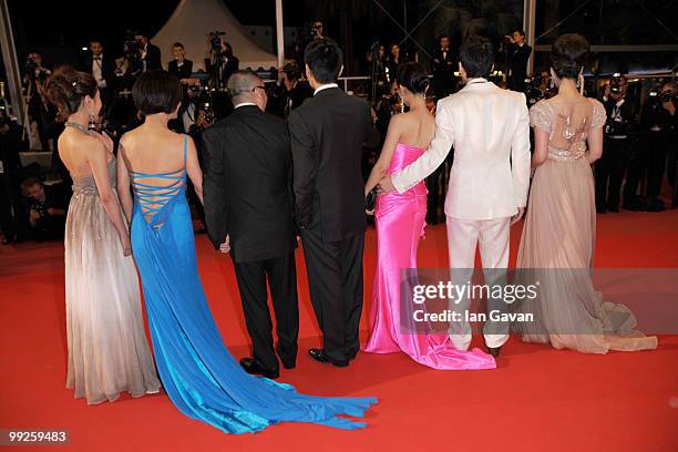 Director Wang Xiaoshuai with actors Hao Qin, Li Feier, Hao Qin, Fan BingBing and attends the 'Chongqing Blues' Premiere at the Palais des Festivals...