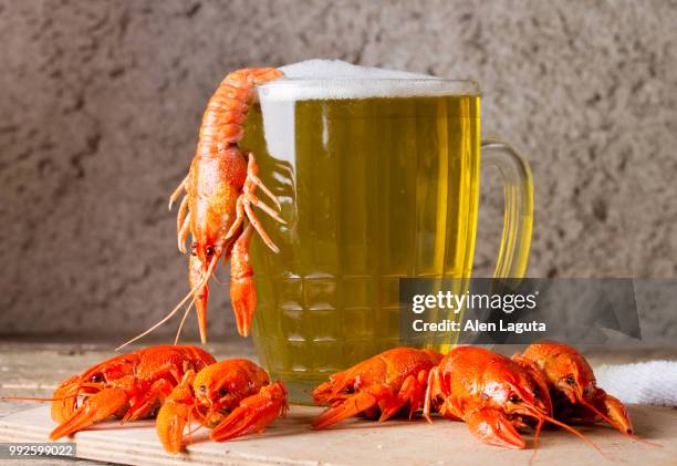 mug of beer and boiled crawfish - freshwater crayfish photos et images de collection