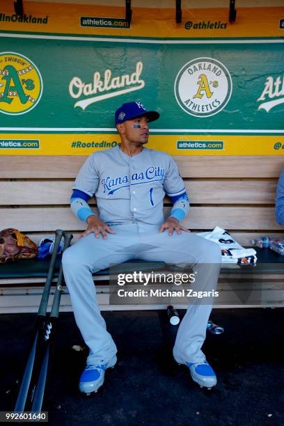 Ryan Goins of the Kansas City Royals sits in the dugout prior to the game against the Oakland Athletics at the Oakland Alameda Coliseum on June 8,...