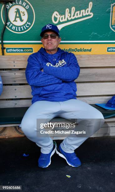 Manager Ned Yost of the Kansas City Royals sits in the dugout prior to the game against the Oakland Athletics at the Oakland Alameda Coliseum on June...