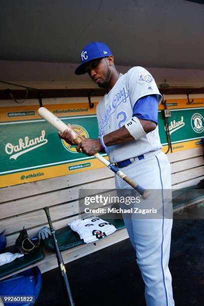 Alcides Escobar of the Kansas City Royals stands in the dugout prior to the game against the Oakland Athletics at the Oakland Alameda Coliseum on...