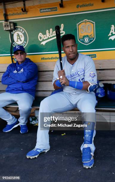 Salvador Perez of the Kansas City Royals sits in the dugout prior to the game against the Oakland Athletics at the Oakland Alameda Coliseum on June...
