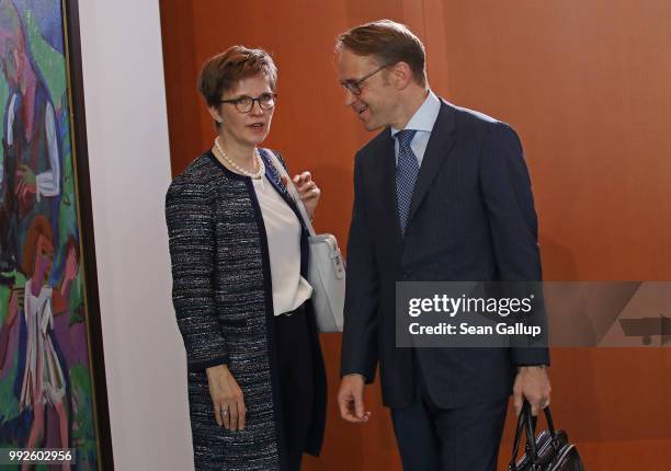 Jens Weidmann, President of the Bundesbank, and Claudia Buch, Vice President of the Bundesbank, arrive for the weekly German government cabinet...