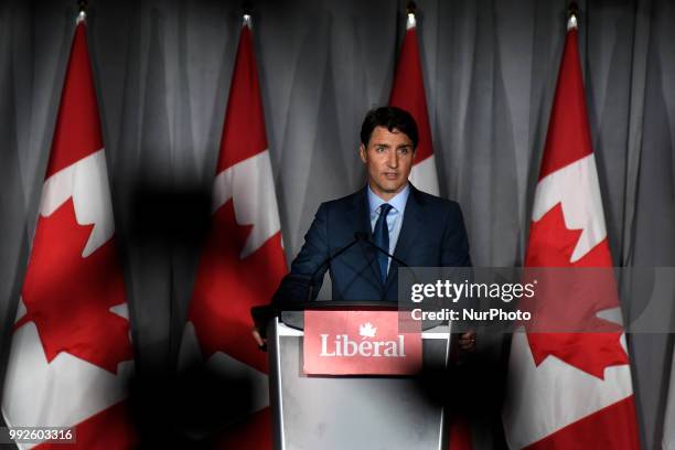 Justin Trudeau, Leader of the Liberal Party of Canada, speaking to supp orters at a Liberal fundraising event in Brampton, Canada on July 5, 2018.