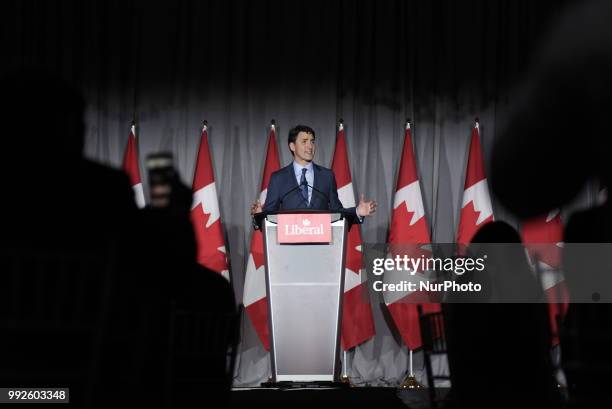 Justin Trudeau, Leader of the Liberal Party of Canada, speaking to supp orters at a Liberal fundraising event in Brampton, Canada on July 5, 2018.