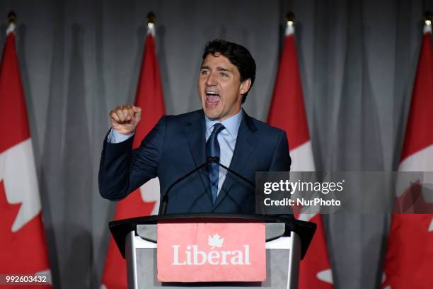 Justin Trudeau, Leader of the Liberal Party of Canada, speaking to supp orters at a Liberal fundraising event in Brampton, Canada on July 5, 2018.