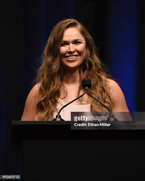 Ronda Rousey speaks as she becomes the first female inducted into the UFC Hall of Fame at The Pearl concert theater at Palms Casino Resort on July 5,...