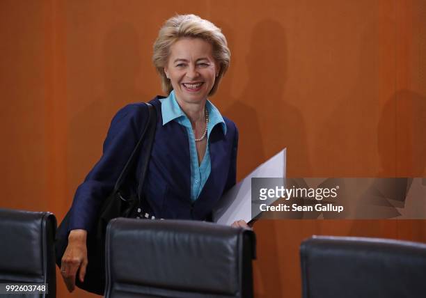 German Defense Minister Ursula von der Leyen arrives for the weekly German government cabinet meeting on July 6, 2018 in Berlin, Germany. Today's...