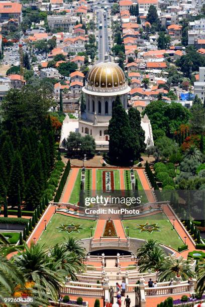 View of the Shrine of the Báb and the Bahai Gardens on Mount Carmel in Haifa, Israel on June 24, 2018. The Bahai Center in Haifa is the religions...