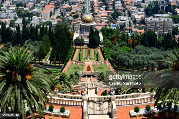 View of the Shrine of the Báb and the Bahai Gardens on Mount Carmel in Haifa, Israel on June 24, 2018. The Bahai Center in Haifa is the religions...