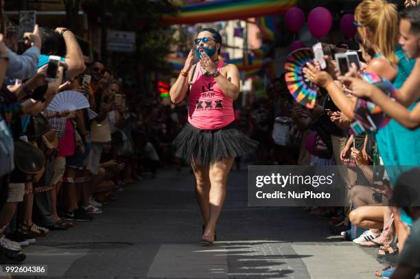 People take part in traditional High Heels Race at Pride LGTB Festival 2018, in Madrid, Spain, on July 5, 2018.