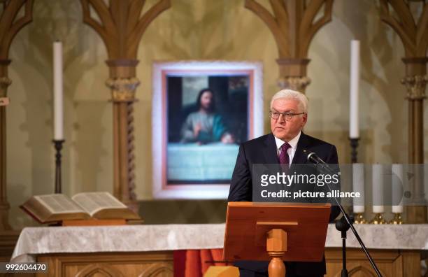 German President Frank-Walter Steinmeier delivers a speech during a ceremony celebrating the return of ownership of St. Peter and Paul cathedral to...